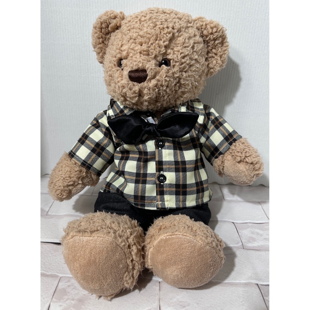 Vintage Build A Bear Workshop Rare‎ Curly Teddy Bear Plaid Shirt Bow Tie Outfit